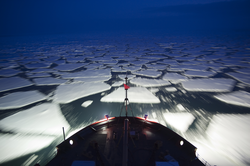 Bow of the Healy moving through broken ice chunks.