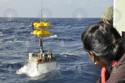 "Elevator" carrying seafloor samples is raised up out of the water.