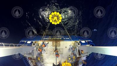A-frame view of deployment of an instrument tripod off R/V Neil Armstrong.
