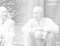 Henry Bigelow (right) sitting on the steps at Harvard University with unidentified man.
