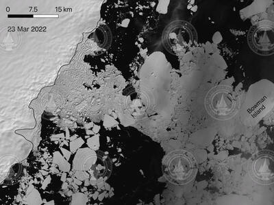 Aerial view of Conger ice shelf in East Antarctica showing evidence of collapse.