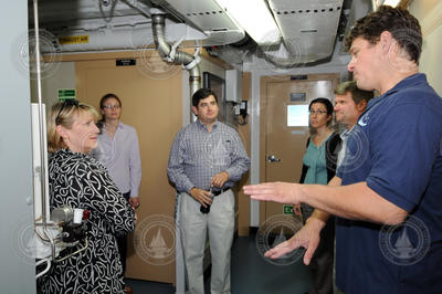 Captain Mike Hoshlyk showing the tour group around R/V Sikuliaq.