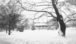 Meteor House in snow.