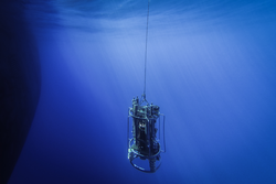 Underwater view of suspended CTD water sampling rosette.
