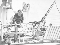 Sam Raymond working on camera on Atlantis II during Thresher search.