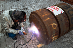 Chief scientist Bob Weller welding the joint on a mooring anchor.