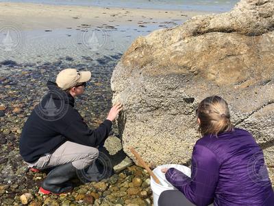JP students Kevin Archibald and Chrissy Hernandez examine evidence of zonation on a rock.