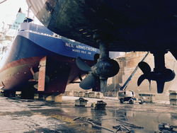 Underside of the aft end of R/V Neil Armstrong in dry dock.