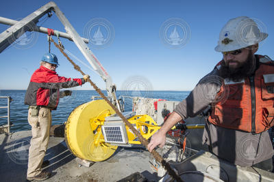 Frank Bahr (red) and Ian Hanley recover the entire mooring line.