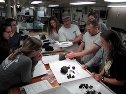 Popping Rocks expedition participants gather around to examine specimens.