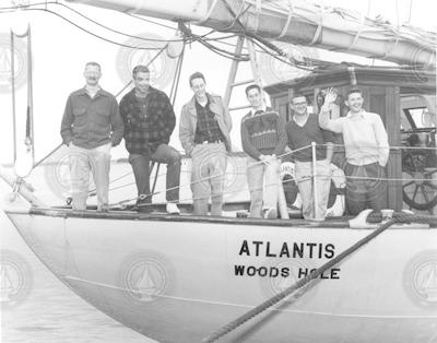 Researchers lines up on the deck of original R/V Atlantis.