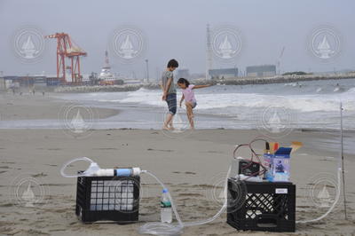 Groundwater testing equipment set up on a beach in Sendai, Japan, near Fukushima.