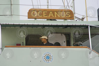 Oceanus captain Diego Mello up on the bridge level docking the ship.