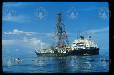 Drilling vessel Glomar Challenger working the Deep Sea Drilling Project.