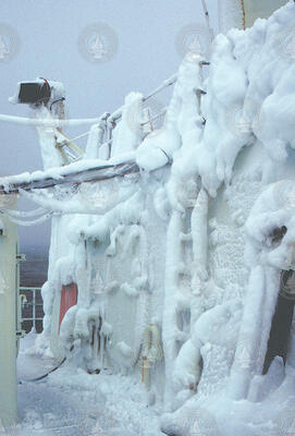 Ice covering the bulkhead on R/V Knorr during the Labrador Sea cruise.
