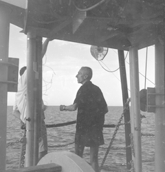 Jacques Cousteau at the rail on Atlantis II