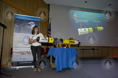 WHOI engineer Amy Kukulya giving her presentation on REMUS SharkCam.