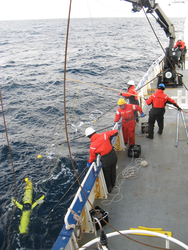OOI Pioneer Array glider is recovered to the deck of Endeavor.