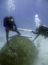 Konrad Hughen and Justin Ossolinski extracting a coral core.