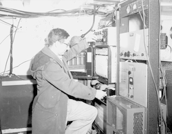 Karl Schleicher working in main lab aboard Bear.
