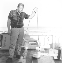 Frederick Fritz Hess with towing device for a 12 kHz sonar transducer