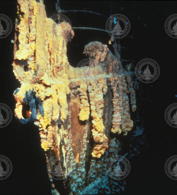 The RMS Titanic wreck prow adorned with rusticles, or icicles of rust.