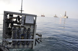 Holocam mounted on ROV being deployed in Gulf.