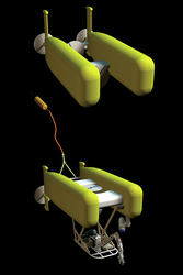 HROV Nereus shown in its two modes, autonomous and tethered.