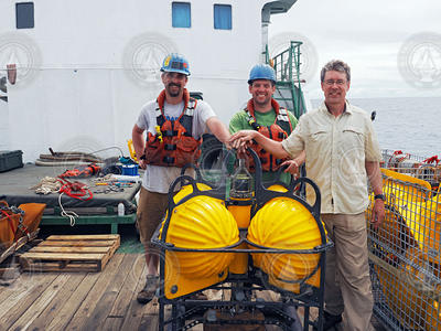 Keenan Ball, Peter Koski and Lee Freitag with tsunami warning sensor.