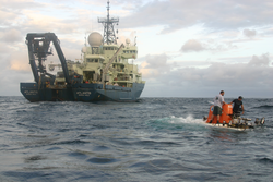 Atlantis and Alvin viewed away from the ship during recovery operations.