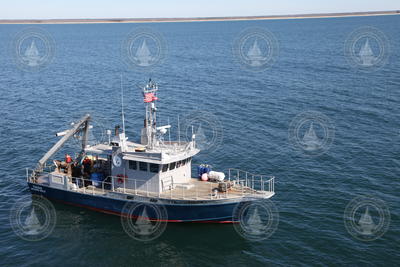 Aeiral view of R/V Tioga anchored on station at the MVCO ASIT.