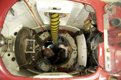 Jeff McDonald climbing out of the Alvin hatch.