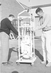 Willard Dow and Stephen Stillman with echo sounder used during Thresher search.
