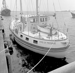 Bird of Passage motor sailer docked at WHOI.
