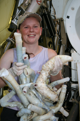Rhiann Waller holding a bundle of tubeworms