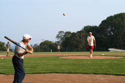 George Veronis pitching to Joe Keller during WHOI softball game.