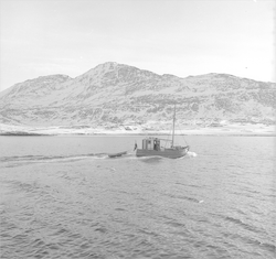 View of terrain near Godthaab, Greenland, ship in foreground