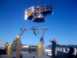 Towcam being loaded onto R/V Wecoma.