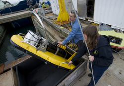 Tim Stanton and Cindy Sellers testing broadband sonar instrument at the dock.