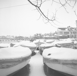 Snow-covered boat in Edgartown.