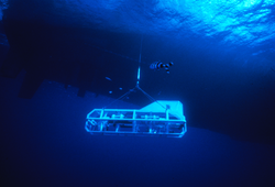 Argo towed imaging sled suspended subsurface below R/V Knorr.