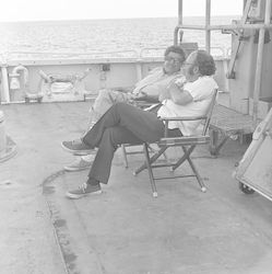 Elazar Uchupi (right) and another person on R/V Atlantis II in the Canary Islands.