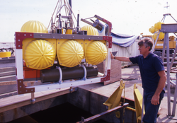 F. Beecher Wooding testing OBS instrumentation at the WHOI dock.