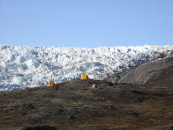 Researchers' camp site on the edge of a Greenland glacier.