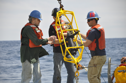 John Toole, Brian Hogue, and Andrew Davies recover mooring instruments.