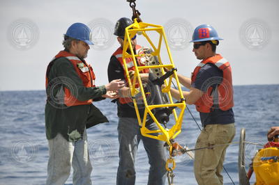 John Toole, Brian Hogue, and Andrew Davies recover mooring instruments.