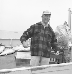 Frank Mather on the Crawford at the WHOI dock.