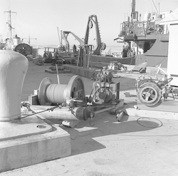 Winch and cable on the WHOI dock.
