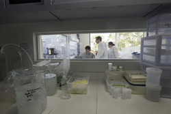 Ben Geyman, Tristan Horner and Maureen Auro in the NIRVANA clean lab.