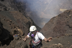 Geochemist Ken Sims rappels into Masaya Volcano in Nicaragua.